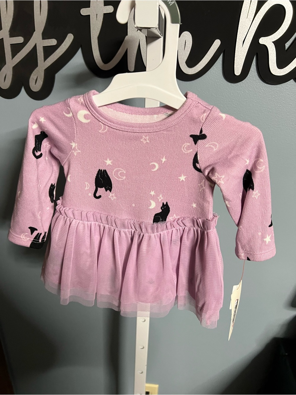 Cat & Jack Girls' Lavender Cat Print Tulle Ling Sleeve Dress Newborn NWT